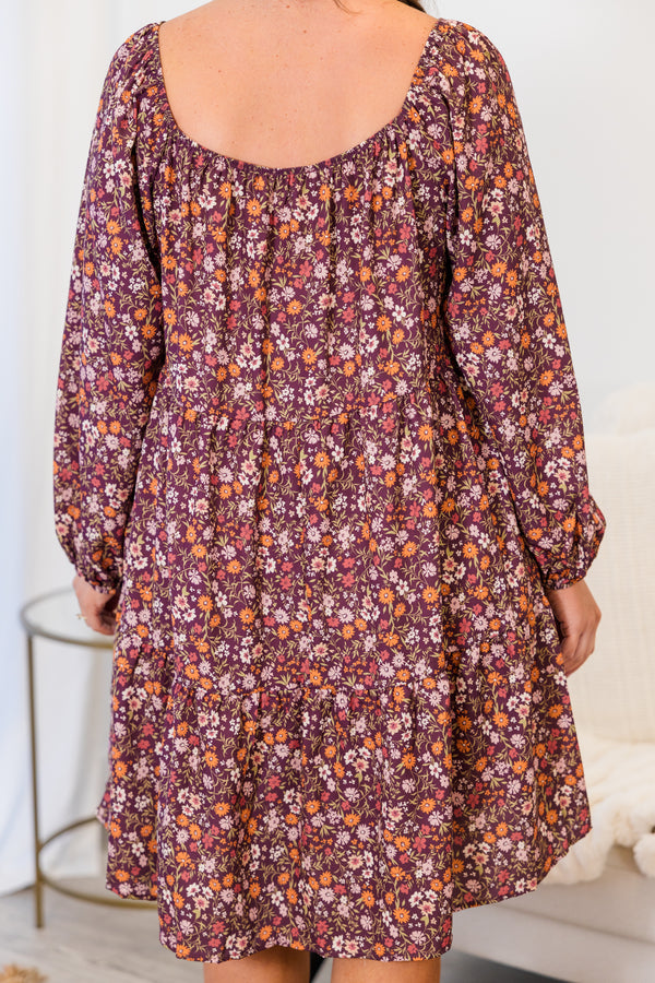 Chic Soul plus size clothing, long-sleeve maroon red ruffled baby doll dress with square-neckline and orange and pink floral pattern detailing