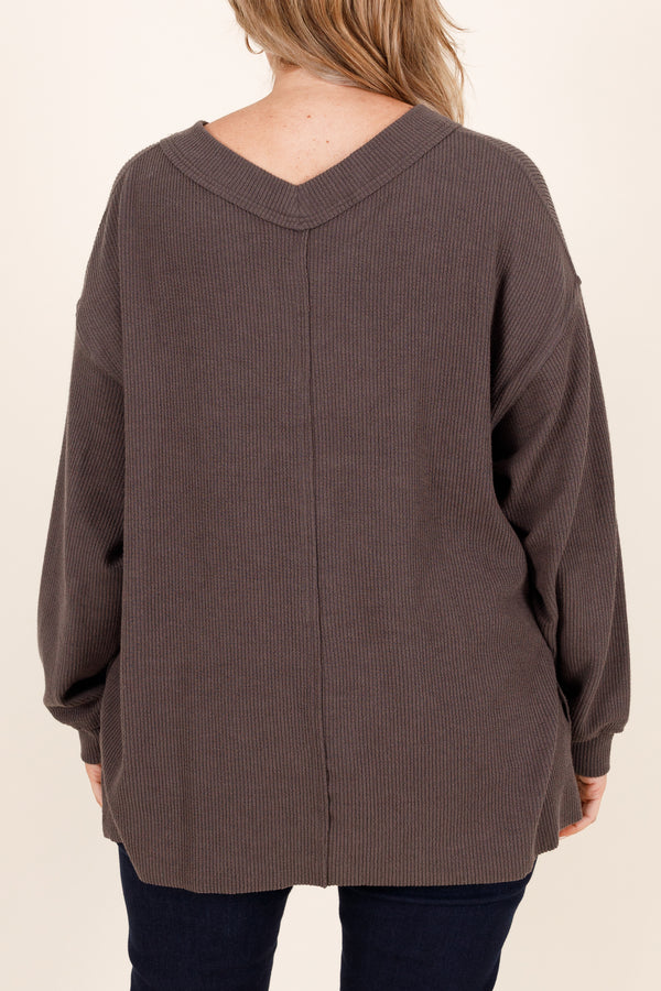 Chic Soul plus size clothing, charcoal textured pullover with a seam neckline
