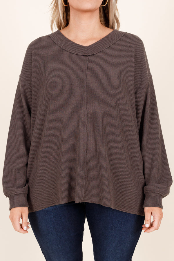 Chic Soul plus size clothing, charcoal textured pullover with a seam neckline