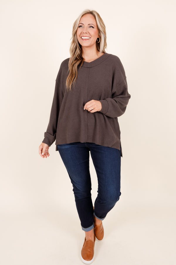 Chic Soul plus size clothing, charcoal textured pullover with a seam neckline