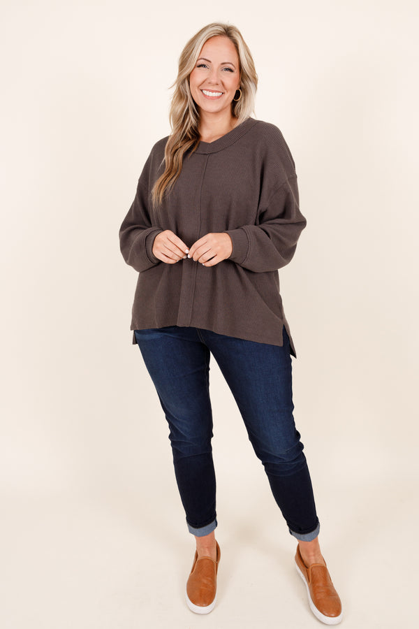 Chic Soul plus size clothing, charcoal textured pullover with a seam neckline