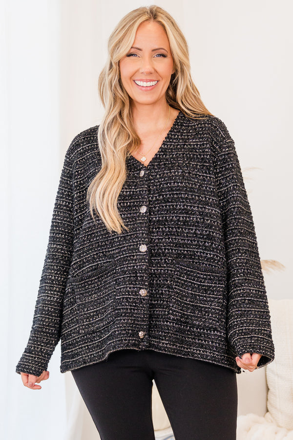 Chic Soul plus size clothing, long-sleeve black wool cardigan with silver button details and pockets with abstract striped pattern