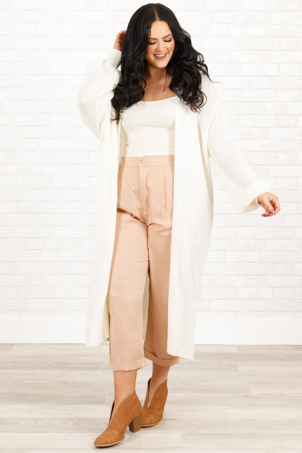 Chic Soul plus size clothing, beige ankle length pants with pleated pattern and cuffed hems