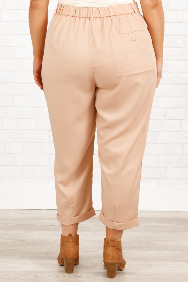 Chic Soul plus size clothing, beige ankle length pants with pleated pattern and cuffed hems