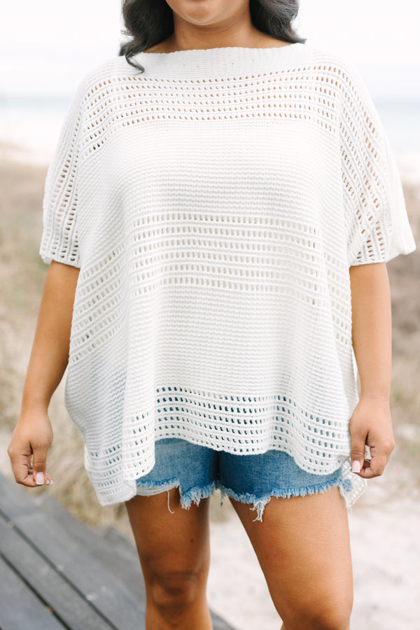 Chic Soul plus size clothing, short sleeve ivory sweater with a crotchet style texture 