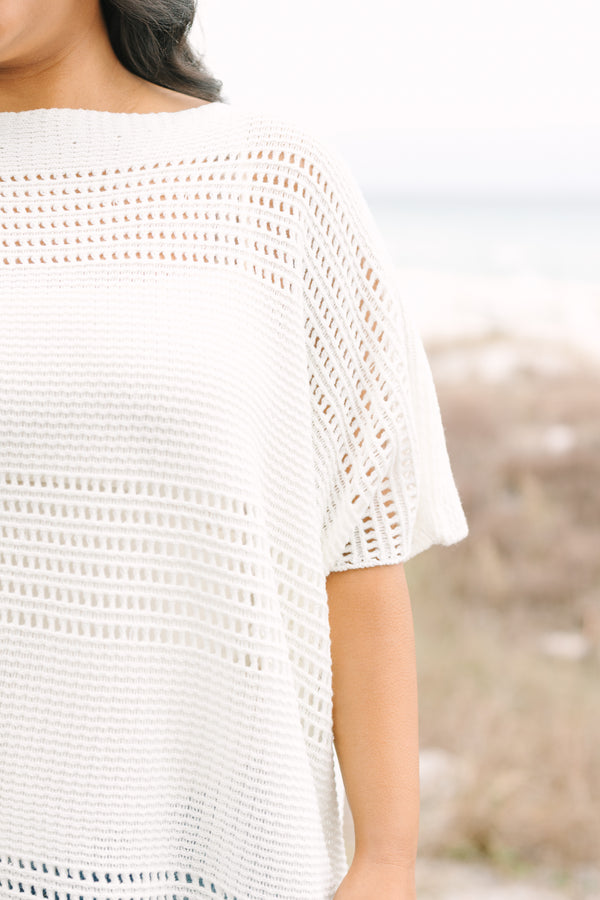 Chic Soul plus size clothing, short sleeve ivory sweater with a crotchet style texture 