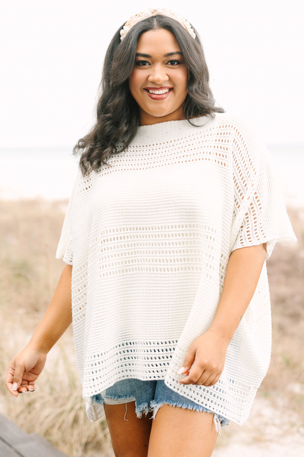 Chic Soul plus size clothing, short sleeve ivory sweater with a crotchet style texture 