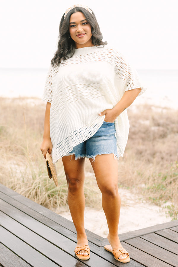 Chic Soul plus size clothing, short sleeve ivory sweater with a crotchet style texture 