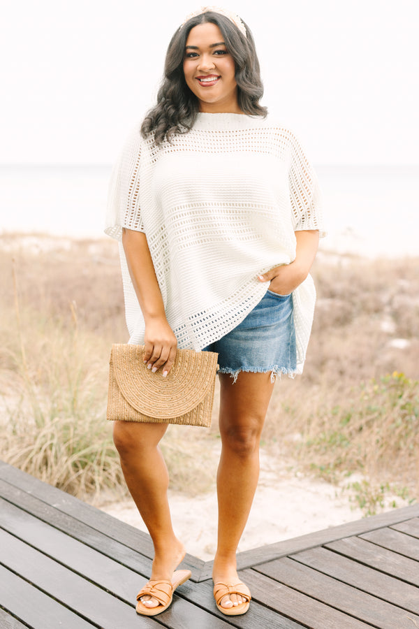 Chic Soul plus size clothing, short sleeve ivory sweater with a crotchet style texture 