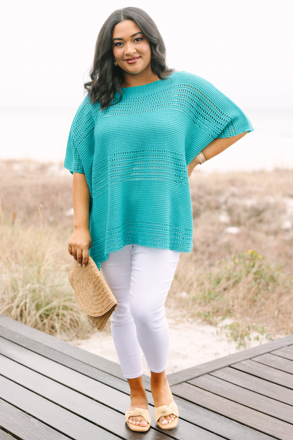 Chic Soul plus size clothing, teal short sleeve sweater top 