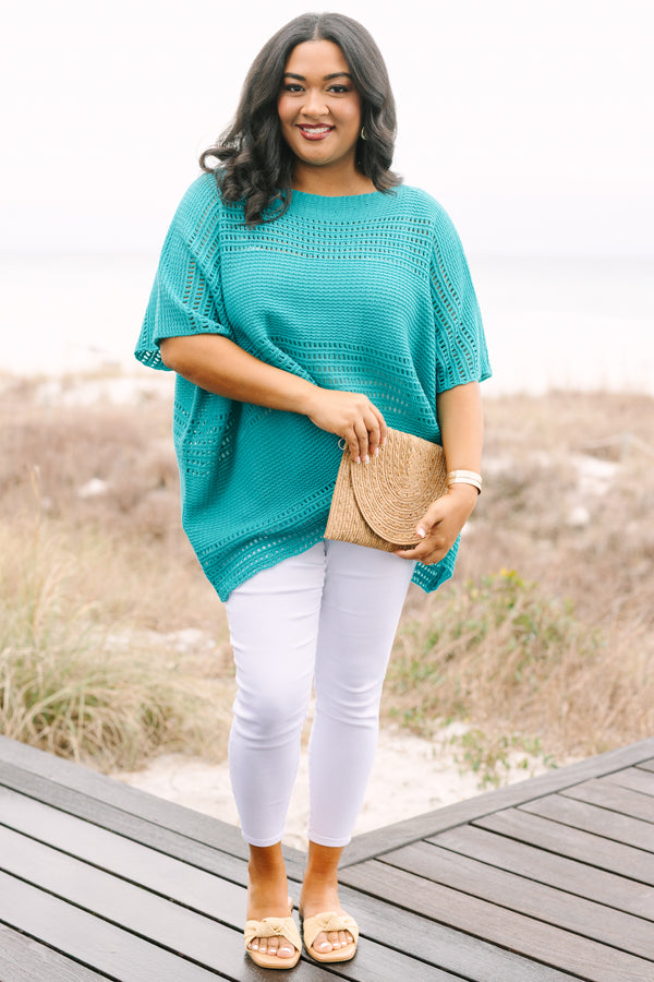 Chic Soul plus size clothing, teal short sleeve sweater top 