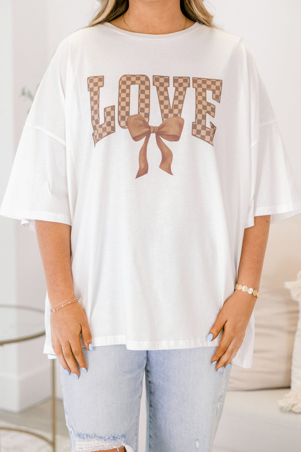 Chic Soul plus size clothing, white short sleeve boyfriend tee with 