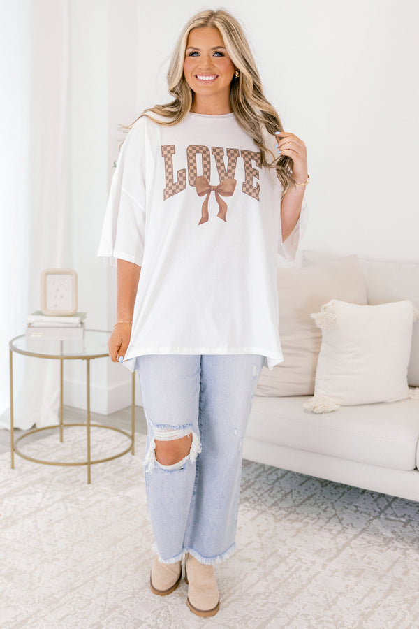 Chic Soul plus size clothing, white short sleeve boyfriend tee with 