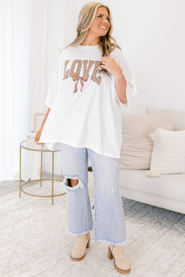 Chic Soul plus size clothing, white short sleeve boyfriend tee with 