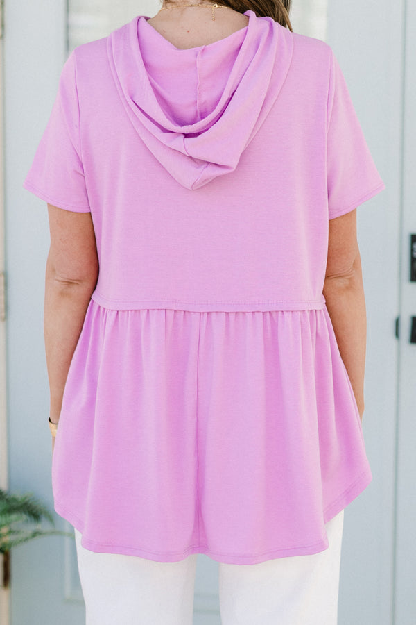 Chic Soul plus size clothing, dusty purple short sleeve hoodie top with drawstring hoodie detail