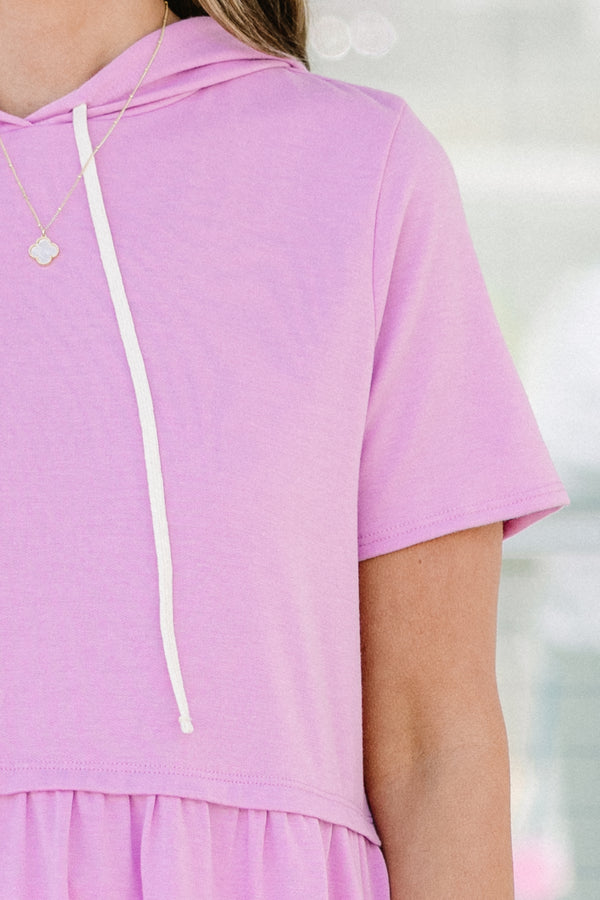 Chic Soul plus size clothing, dusty purple short sleeve hoodie top with drawstring hoodie detail