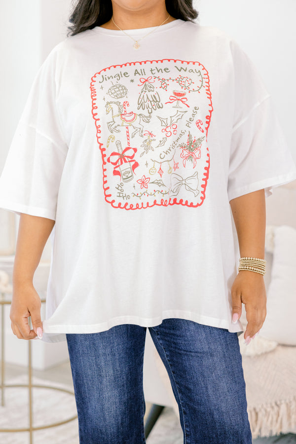 Chic Soul plus size clothing, white short sleeve boyfriend tee with “jingle all the way” text in green and green and red Christmas doodles all over