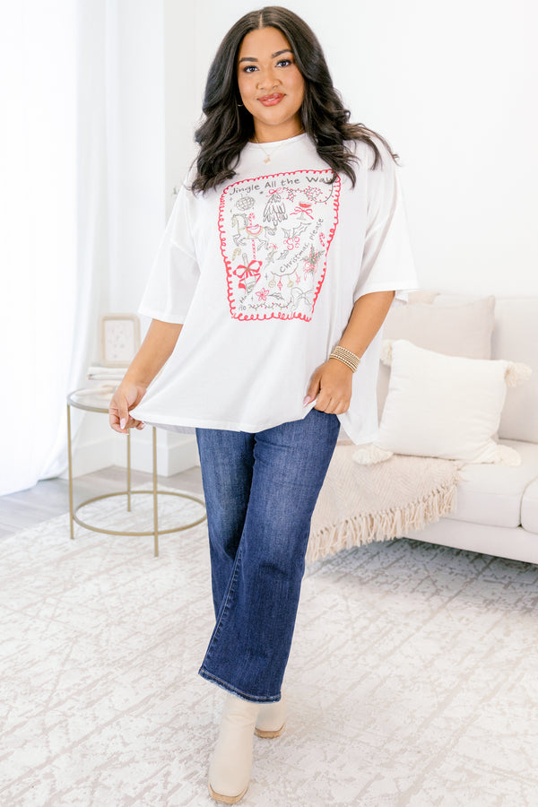 Chic Soul plus size clothing, white short sleeve boyfriend tee with “jingle all the way” text in green and green and red Christmas doodles all over
