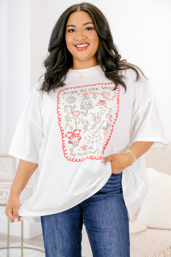 Chic Soul plus size clothing, white short sleeve boyfriend tee with “jingle all the way” text in green and green and red Christmas doodles all over