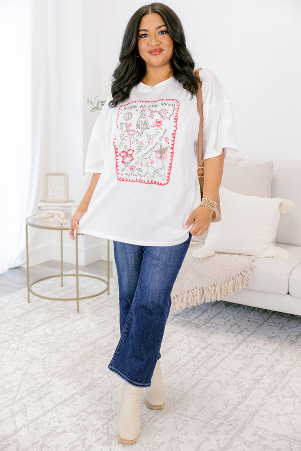 Chic Soul plus size clothing, white short sleeve boyfriend tee with “jingle all the way” text in green and green and red Christmas doodles all over