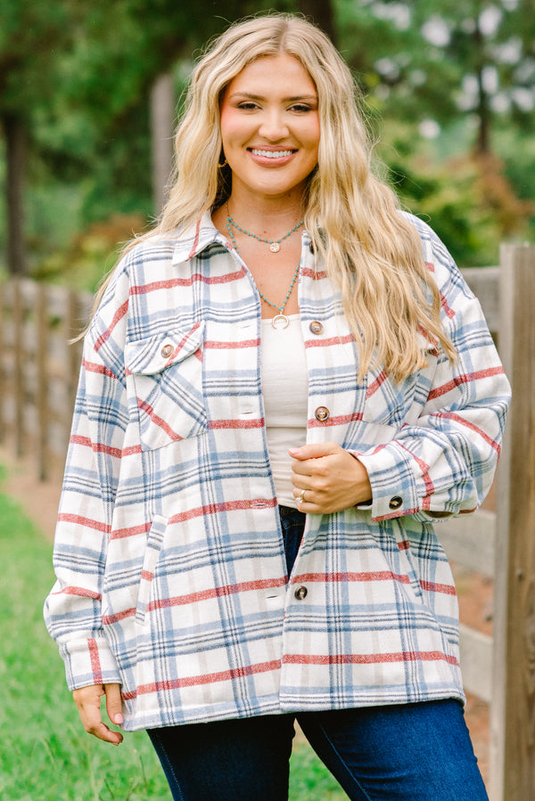 Chic Soul plus size clothing, blue and red flannel checkered print shacket with brown buttons down the center
