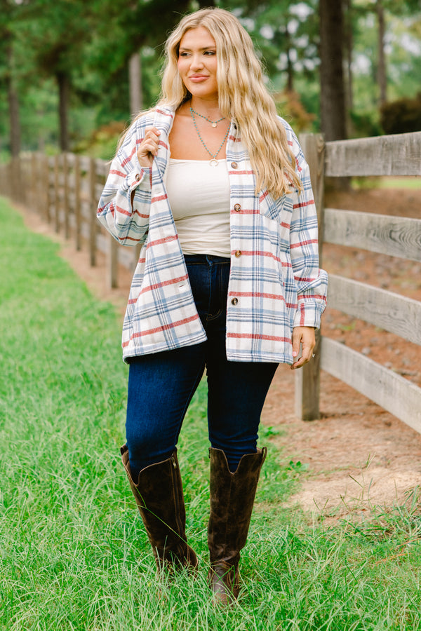 Chic Soul plus size clothing, blue and red flannel checkered print shacket with brown buttons down the center