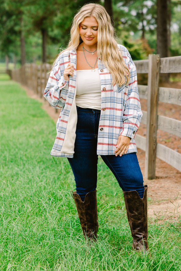 Chic Soul plus size clothing, blue and red flannel checkered print shacket with brown buttons down the center
