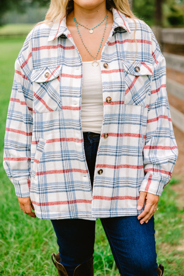 Chic Soul plus size clothing, blue and red flannel checkered print shacket with brown buttons down the center