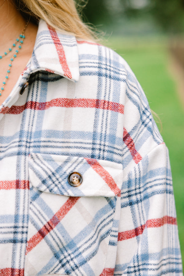 Chic Soul plus size clothing, blue and red flannel checkered print shacket with brown buttons down the center