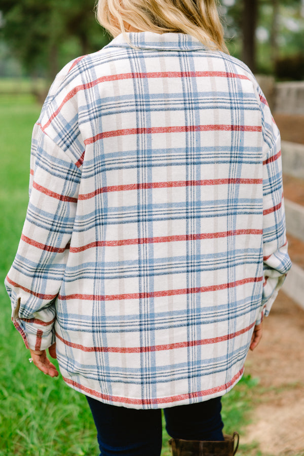 Chic Soul plus size clothing, blue and red flannel checkered print shacket with brown buttons down the center