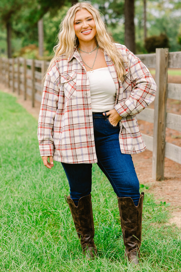 Chic Soul plus size clothing, white flannel with a natural brick colored plaid pattern throughout and two front pockets  