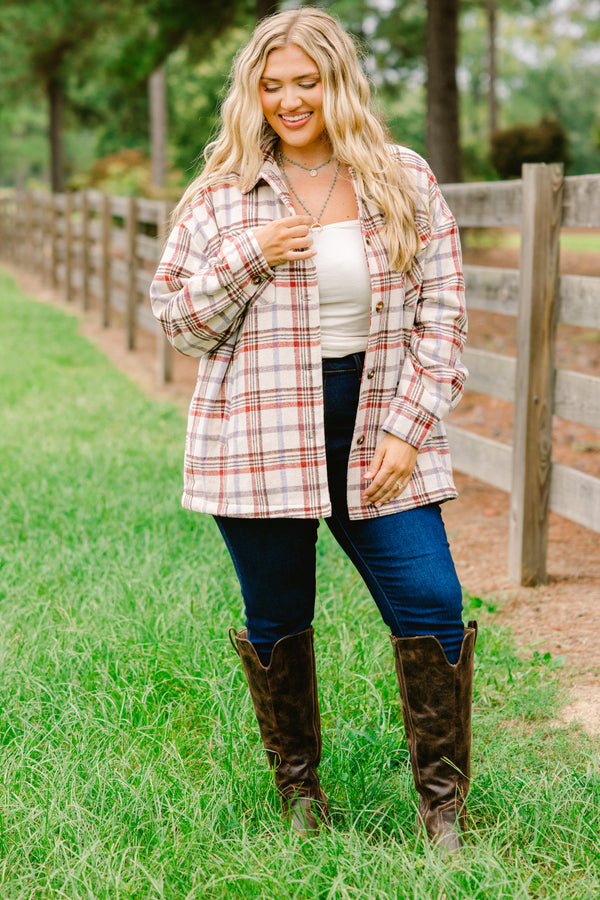 Chic Soul plus size clothing, white flannel with a natural brick colored plaid pattern throughout and two front pockets  