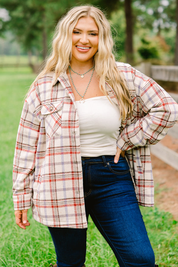 Chic Soul plus size clothing, white flannel with a natural brick colored plaid pattern throughout and two front pockets  