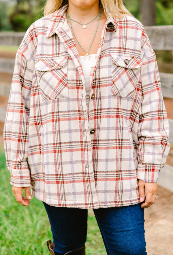 Chic Soul plus size clothing, white flannel with a natural brick colored plaid pattern throughout and two front pockets  