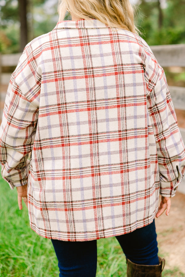 Chic Soul plus size clothing, white flannel with a natural brick colored plaid pattern throughout and two front pockets  
