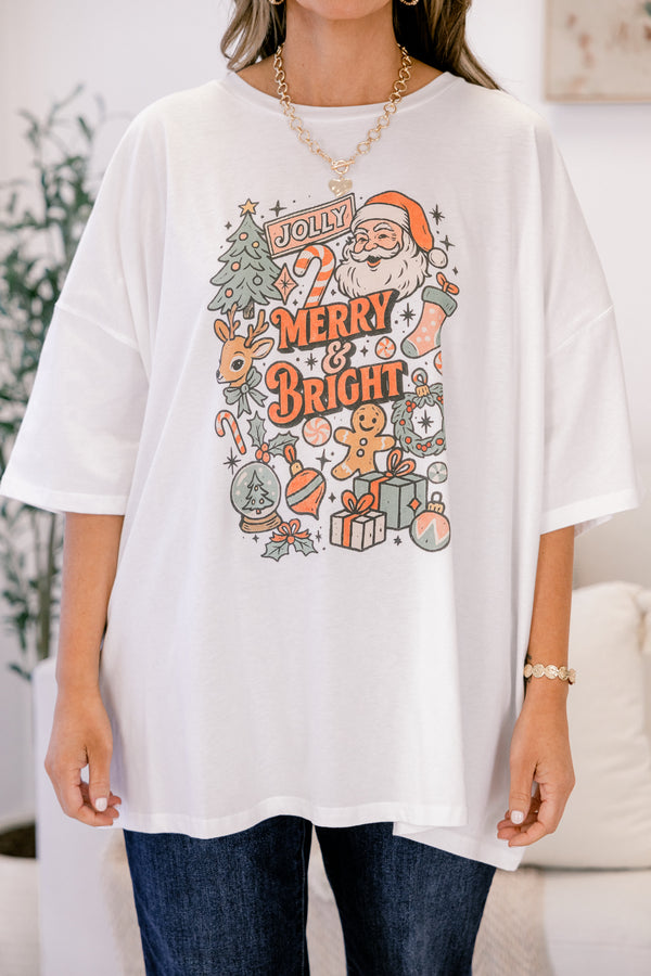 Chic Soul plus size clothing, oversized white boyfriend tee with Christmas vintage cartoon graphics and “Merry & Bright” written in the middle in vintage style font