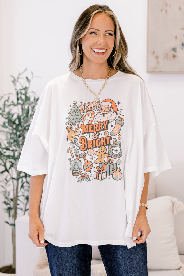 Chic Soul plus size clothing, oversized white boyfriend tee with Christmas vintage cartoon graphics and “Merry & Bright” written in the middle in vintage style font