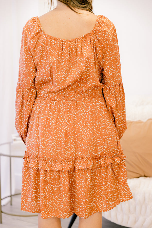 Chic Soul plus size clothing, orange long sleeve tiered dress with small white polka dots all over and a ruched textured top