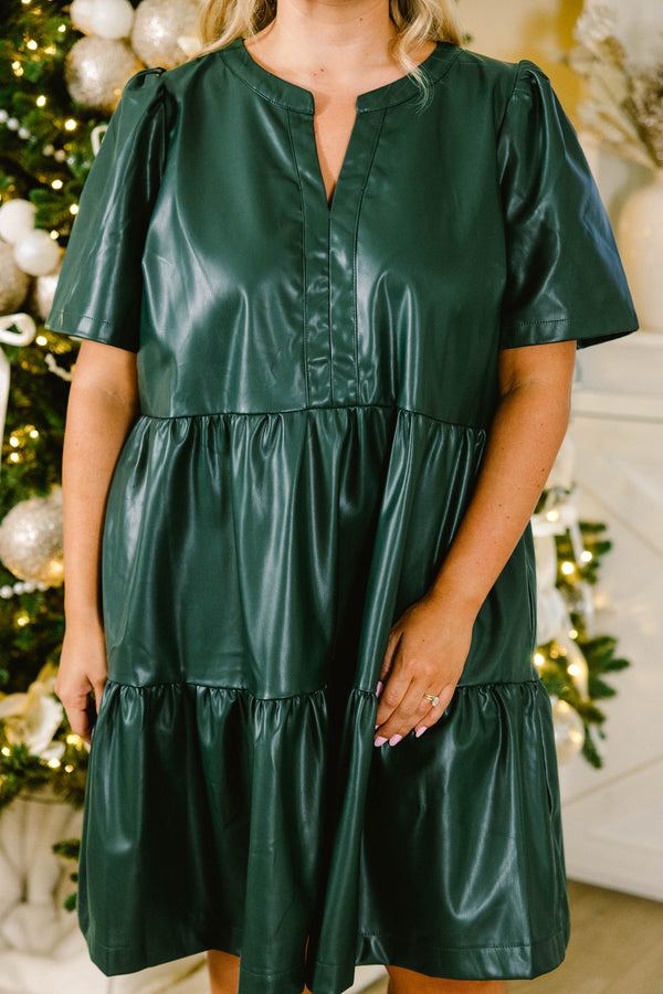 Chic Soul plus size clothing, hunter green short sleeve leather mini dress with tiered detail with v cutout along neckline and puff sleeve detail
