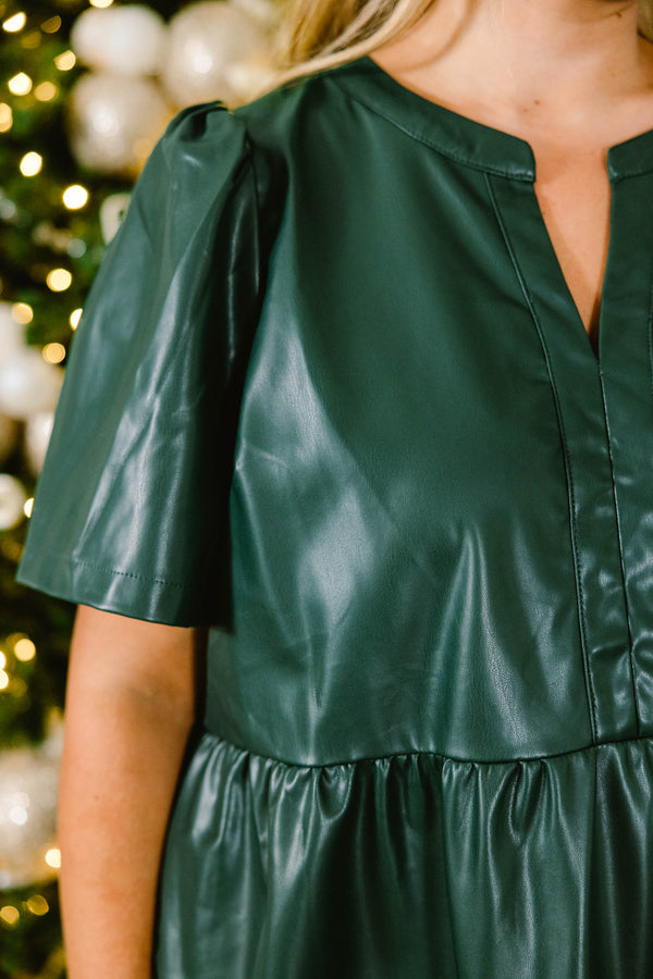 Chic Soul plus size clothing, hunter green short sleeve leather mini dress with tiered detail with v cutout along neckline and puff sleeve detail