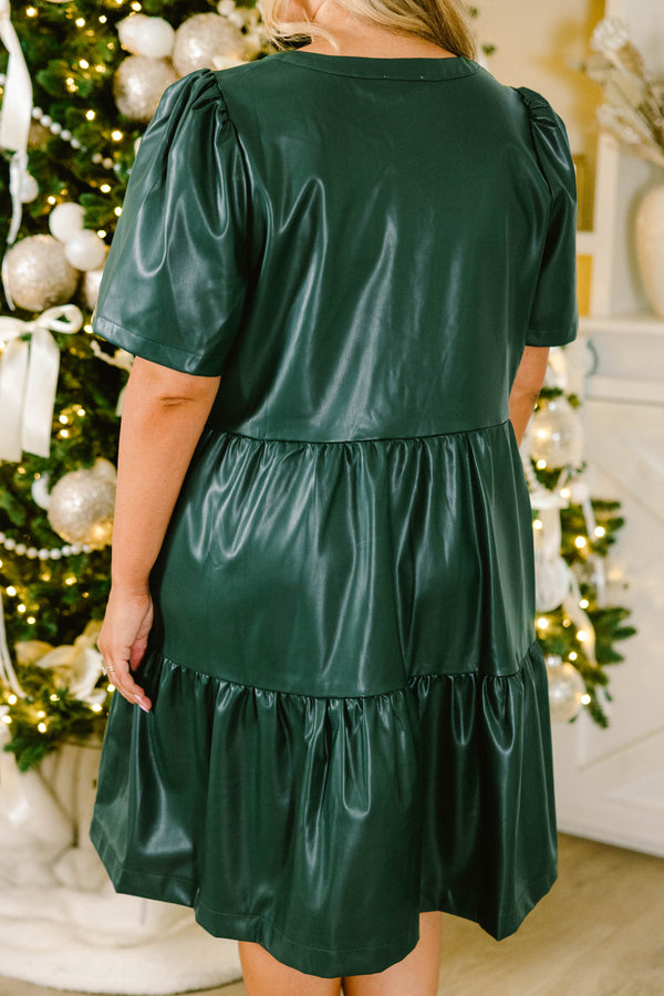 Chic Soul plus size clothing, hunter green short sleeve leather mini dress with tiered detail with v cutout along neckline and puff sleeve detail