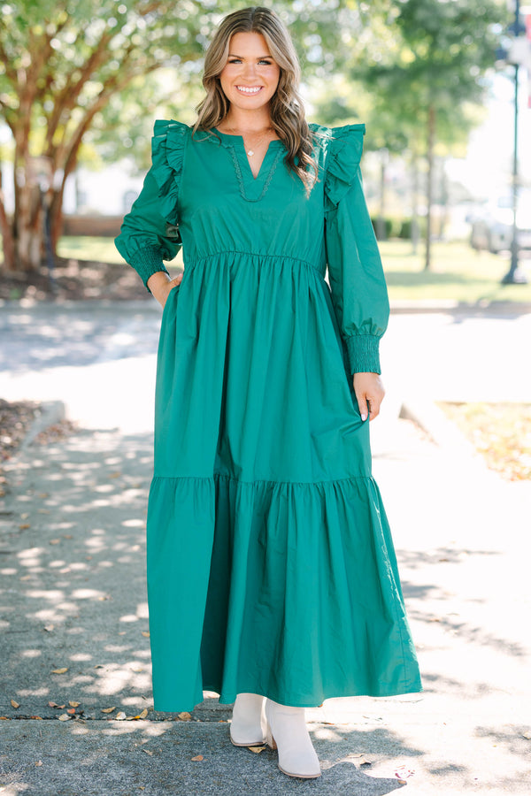 Chic Soul plus size clothing, green long sleeve maxi dress with tiered detail and v cutout along neckline with smocked cuff sleeves with ruffle detail on shoulders 