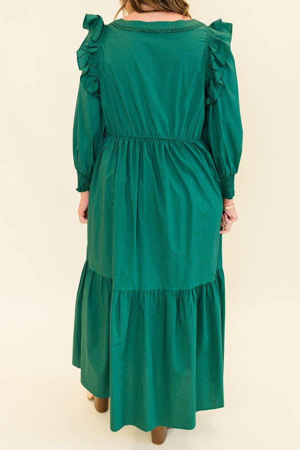 Chic Soul plus size clothing, green long sleeve maxi dress with tiered detail and v cutout along neckline with smocked cuff sleeves with ruffle detail on shoulders 