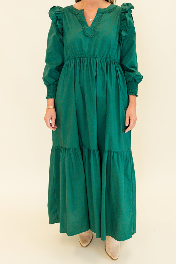 Chic Soul plus size clothing, green long sleeve maxi dress with tiered detail and v cutout along neckline with smocked cuff sleeves with ruffle detail on shoulders 