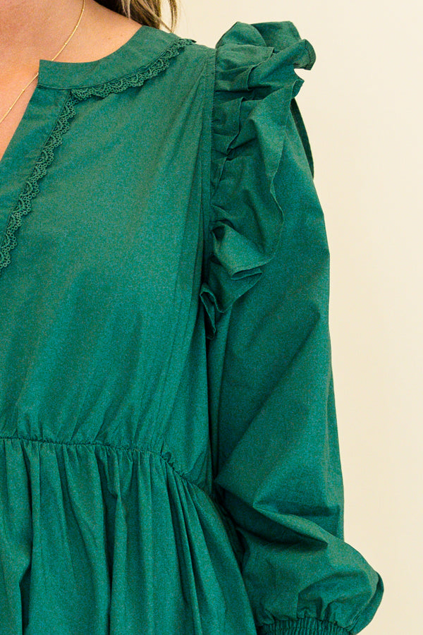 Chic Soul plus size clothing, green long sleeve maxi dress with tiered detail and v cutout along neckline with smocked cuff sleeves with ruffle detail on shoulders 