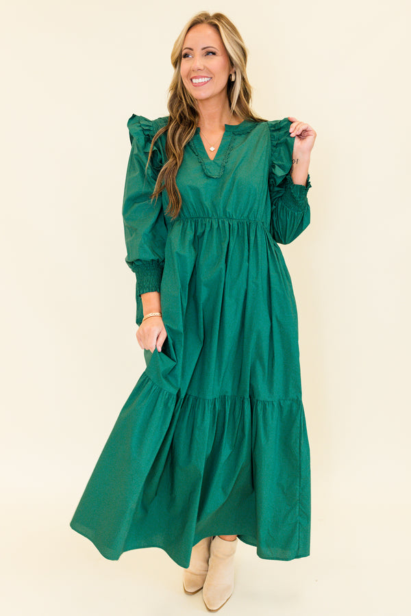 Chic Soul plus size clothing, green long sleeve maxi dress with tiered detail and v cutout along neckline with smocked cuff sleeves with ruffle detail on shoulders 