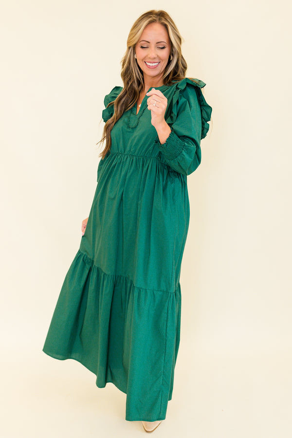 Chic Soul plus size clothing, green long sleeve maxi dress with tiered detail and v cutout along neckline with smocked cuff sleeves with ruffle detail on shoulders 