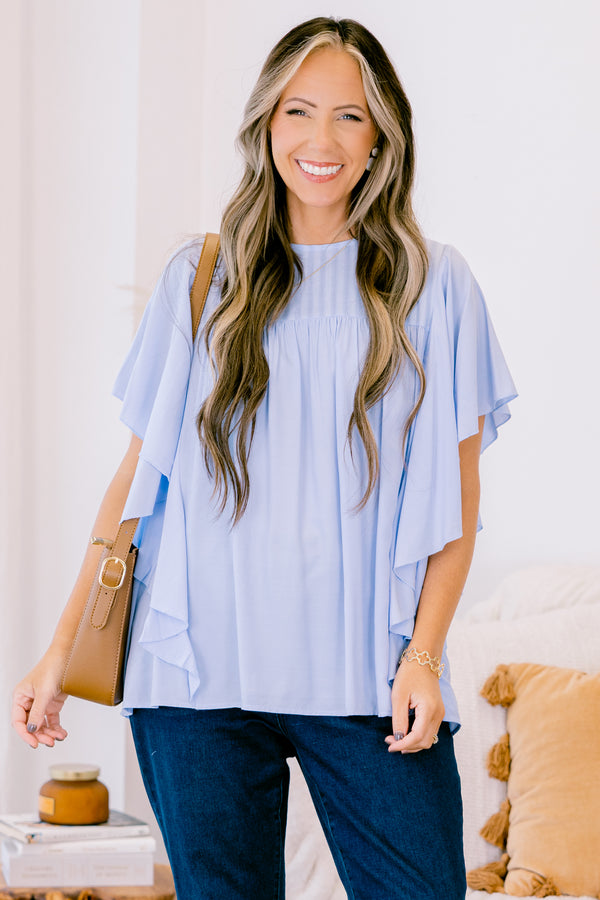 Chic Soul plus size clothing, light blue flutter short sleeve top