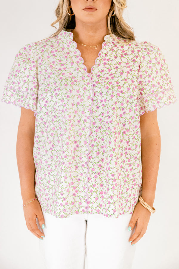 Chic Soul plus size clothing, white short sleeve top with purple and green floral print and scallop trim sleeves and v-neckline