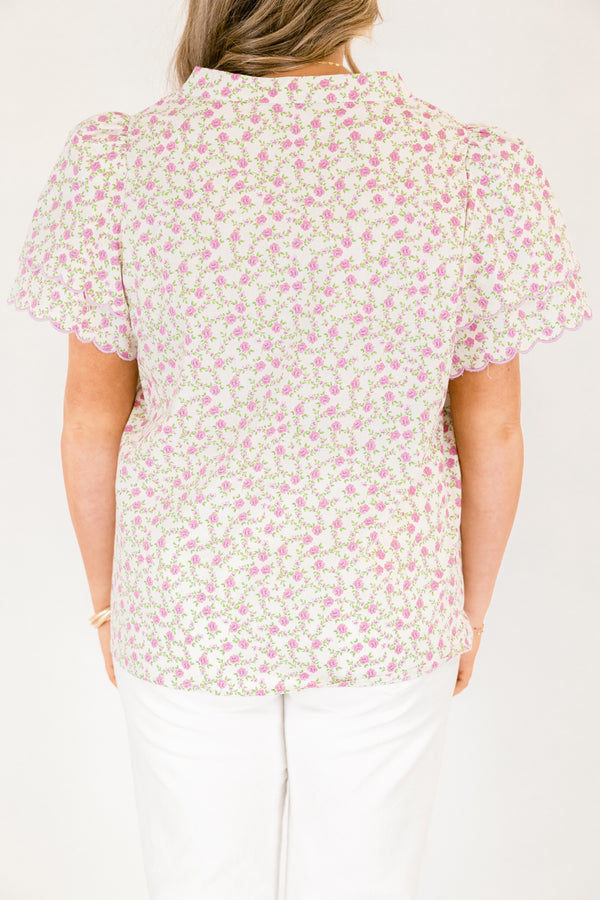 Chic Soul plus size clothing, white short sleeve top with purple and green floral print and scallop trim sleeves and v-neckline